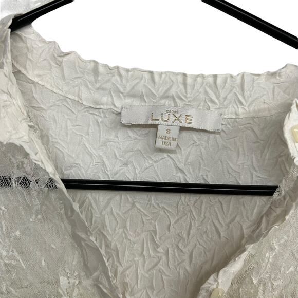 White Lace Pleated Sheer Blouse S Romantic Victorian Cottagecore‎ Layering Top - Picture 8 of 12